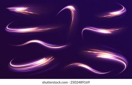 Bright glowing line of new technologies on dark background in neon colors. Beautiful glow light flare and spark. Abstract light lines of movement and speed with purple color sparkles. 