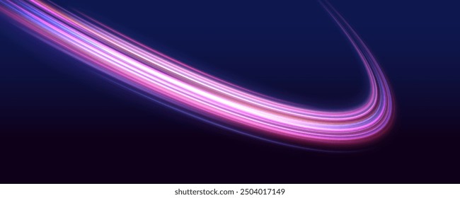 Hell leuchtende Linie neuer Technologien auf dunklem Hintergrund in Neonfarben. Schöne Leuchte Leuchtfackel und Funken. Abstrakte Lichtlinien der Bewegung und Geschwindigkeit mit violetten Farbe funkelt. 