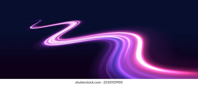 Bright glowing line of new technologies on dark background in neon colors. Beautiful glow light flare and spark. Dynamic abstract vector art with flowing lines in vibrant pink, purple.	