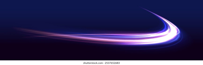 Linha brilhante de novas tecnologias sobre fundo escuro em cores neon. Brilho luminoso e faísca bonitos. Arte vetorial abstrata dinâmica com linhas fluindo em rosa vibrante, roxo.	