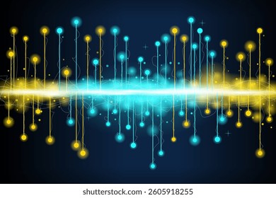 Bright glowing lines and dots in yellow and turquoise are creating a futuristic and technological background with a bright horizontal light beam in the center