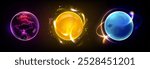 Bright glowing magic energy ball with lightnings, neon plasma and burning fire. Realistic 3d vector set of purple, yellow and blue power sphere with light effect. Futuristic fantasy fireball.