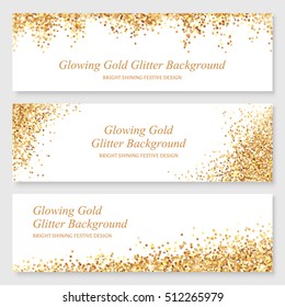 Bright glowing metallic texture. Glamour shining gold glitter banner design with sparkles for Christmas design.
