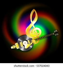 Bright glowing musical string jazz guitar and vinyl records. Image executed with a black background and can be used with any text or image.