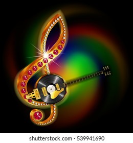 Bright glowing musical string jazz guitar and vinyl records, treble clef with precious stones. Image executed with a black background and can be used with any text or image.