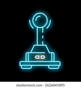 Bright glowing neon blue joystick with signal waves on a black background