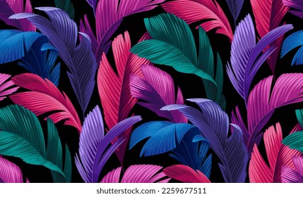 Bright glowing neon blue-violet backdrop. Hawaiian seamless pattern with exotic palm leaves. Tropical plants in realistic style. Foliage design. Vector botanical illustration on a black background.