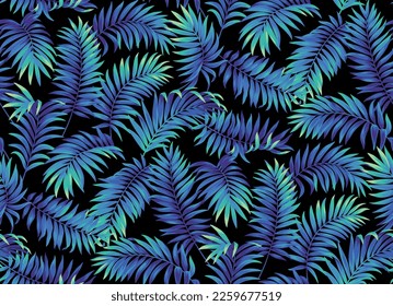 Bright glowing neon blue-violet backdrop. Hawaiian seamless pattern with exotic palm leaves. Tropical plants in realistic style. Foliage design. Vector botanical illustration on a black background.