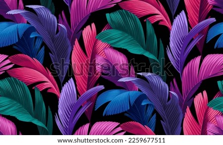 Bright glowing neon blue-violet backdrop. Hawaiian seamless pattern with exotic palm leaves. Tropical plants in realistic style. Foliage design. Vector botanical illustration on a black background.