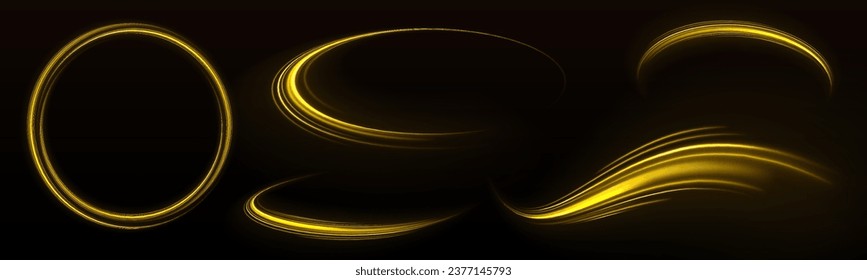 Bright glowing neon frame made of bright glowing rays. Yellow neon glowing ring. Golden shiny spiral wave sparks. Curved yellow speed line twirl. Shiny wavy trail. Vector png. 