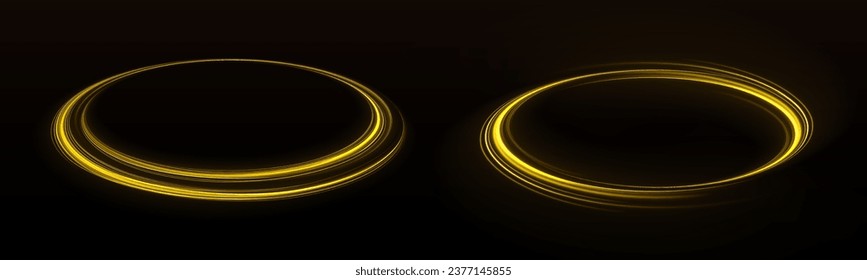 Bright glowing neon frame made of bright glowing rays. Yellow neon glowing ring. Golden shiny spiral wave sparks. Curved yellow speed line twirl. Shiny wavy trail. Vector png. 