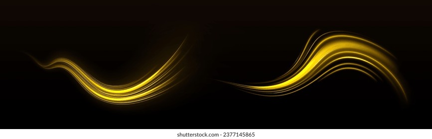 Bright glowing neon frame made of bright glowing rays. Yellow neon glowing ring. Golden shiny spiral wave sparks. Curved yellow speed line twirl. Shiny wavy trail. Vector png. 