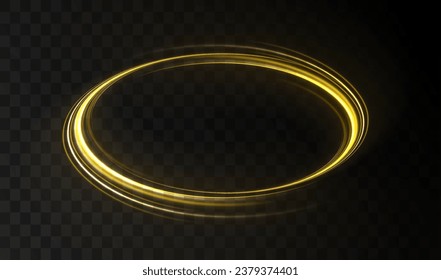 Bright glowing neon frame made of bright glowing rays. Yellow neon glowing ring. Golden shiny spiral wave sparks. Curved yellow speed line twirl. Shiny wavy trail. Vector png. 