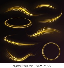Hellblühender Neonrahmen aus hellen Strahlen. Gelber Neonleuchtring. Goldene glänzende Spiralwelle funkt. Gelbe Geschwindigkeitslinie mit Kurven. glänzender Weg. Vektorpng. 