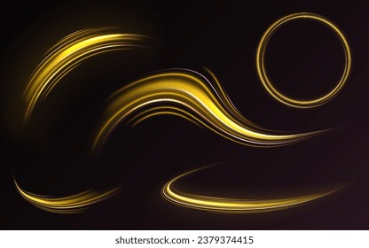 Bright glowing neon frame made of bright glowing rays. Yellow neon glowing ring. Golden shiny spiral wave sparks. Curved yellow speed line twirl. Shiny wavy trail. Vector png. 