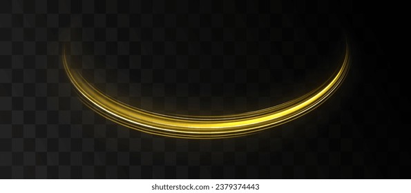Bright glowing neon frame made of bright glowing rays. Yellow neon glowing ring. Golden shiny spiral wave sparks. Curved yellow speed line twirl. Shiny wavy trail. Vector png. 