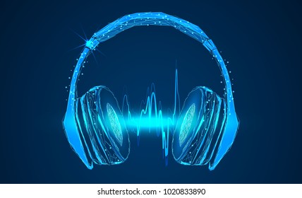 Bright Glowing Neon Headphones Isolated On Blue Background, Music Concept. Banner. Low Poly Illustration 