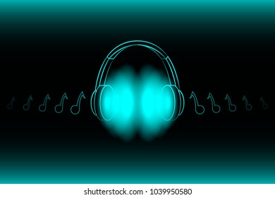 Bright glowing neon headphones isolated on blue background, music concept. Banner. Low poly illustration.