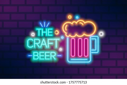 Bright glowing neon light the craft beer sign vector flat illustration. Colorful glass mug with foamy malt beverage isolated on brick wall background. Signboard with design elements of bar or pub