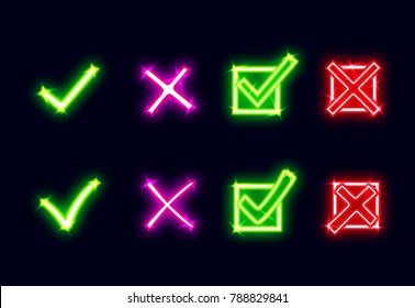 Bright glowing neon mark X and V. Set of green neon hooks and red neon crosses. Yes and No icons for websites or applications. Red cross, green tick signs isolated on dark background