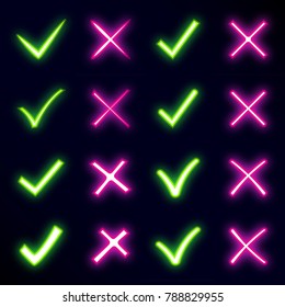 Bright glowing neon mark X and V. Set of green neon hooks and red neon crosses. Yes and No icons for websites or applications. Right and Wrong signs isolated on dark background. Red cross, green tick