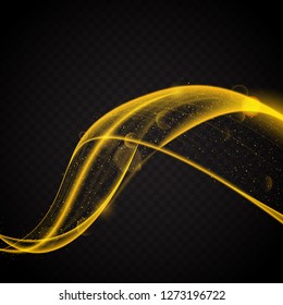 Bright glowing neon motion trails in space with small luminous particles and bokeh effects. Transparent light effects for design. Abstract background. Golden color. Vector illustration