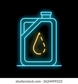 Bright glowing neon oil can with drop symbol on a black background