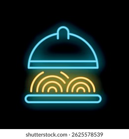 Bright glowing neon pasta serving dome covering plate of spaghetti icon illustration on black background