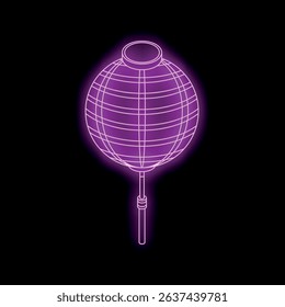 Bright, glowing neon purple chinese paper lantern is depicted on a black background