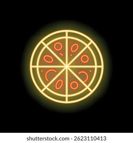 Bright, glowing neon sign showing a delicious pizza with salami slices on a black background