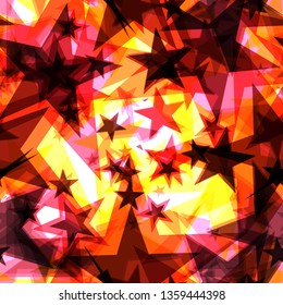 Bright glowing orange golden stars on a light background in the projection. Pattern to decorate any holiday and bright events.