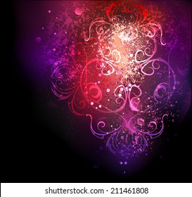 Bright, glowing pink background with shabby texture and oriental pattern.
