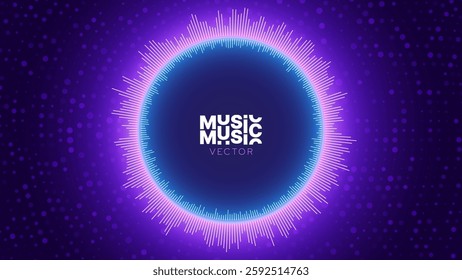 Bright Glowing Radial Digital Equalizer Background. Visualization of Voice or Music. Circular Audio Waveform with Flowing Dots. Neon Colors Hi-Tech Music Background. Vector Illustration.