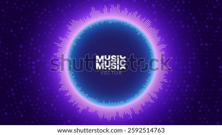 Bright Glowing Radial Digital Equalizer Background. Visualization of Voice or Music. Circular Audio Waveform with Flowing Dots. Neon Colors Hi-Tech Music Background. Vector Illustration.