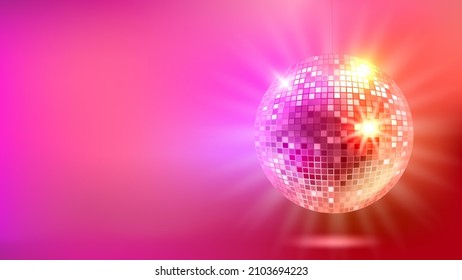 Bright glowing red disco ball. Vector 3d banner with copy space