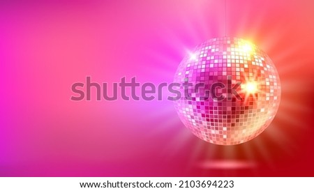 Bright glowing red disco ball. Vector 3d banner with copy space