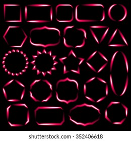 Bright glowing set of pink neon frames of different shapes.