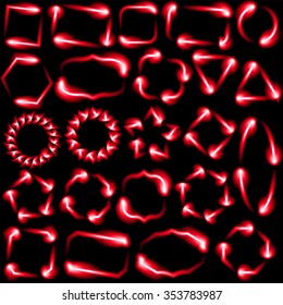 Bright glowing set of red neon frames of different shapes.