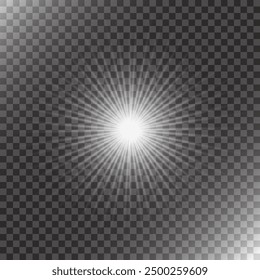 Bright glowing shining star with many sharp rays. Vector light explosion on transparent background