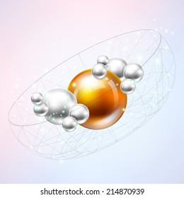 Bright glowing spheres in a random display. Molecules spheres abstract background . molecular structure. Space for your text.