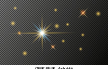 Bright glowing star with glare of different colors. Vector lens flare effect. Star lit up, light effect, sunlight