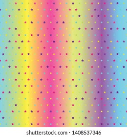 Bright glowing star pattern. Seamless vector background - cyan, yellow, rose, green, violet stars of different size on gradient backdrop