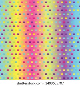 Bright glowing star pattern. Seamless vector background - cyan, yellow, rose, green, violet stars on gradient backdrop