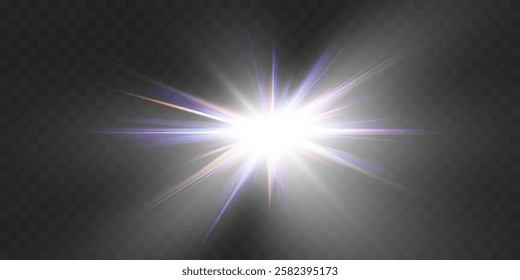 Bright glowing starburst with sparkles, radiant beams, and light flares on transparent background for overlays and design.