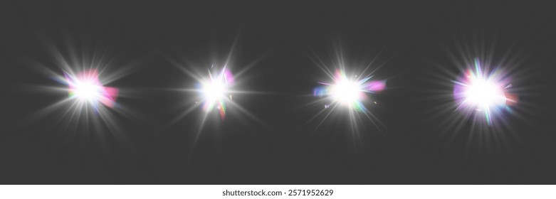 Bright glowing stars with sparkling light effects on a transparent background. Perfect for Christmas, festive, or holiday designs.