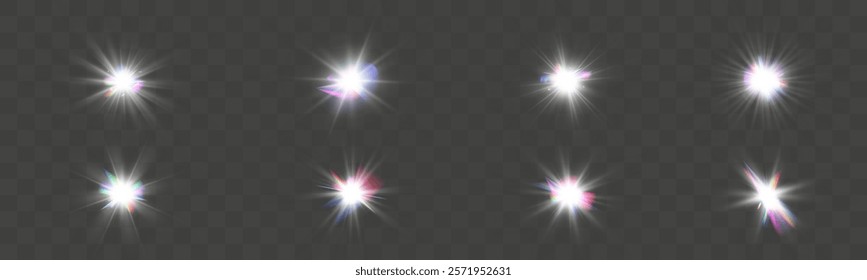 Bright glowing stars with sparkling light effects on a transparent background. Perfect for Christmas, festive, or holiday designs.