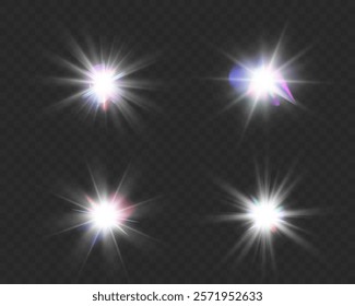 Bright glowing stars with sparkling light effects on a transparent background. Perfect for Christmas, festive, or holiday designs.