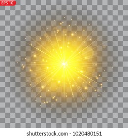 Bright glowing sun, sparkles, flashes of light, a bright star