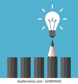 Bright glowing white light bulb above black graphite pencil on blue background. Idea, creativity, study and moment of insight concept. Flat design. Vector illustration. EPS 8, no transparency