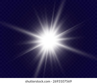 Brilhante clarão de luz branca brilhante com raios e transparência suave no fundo escuro.